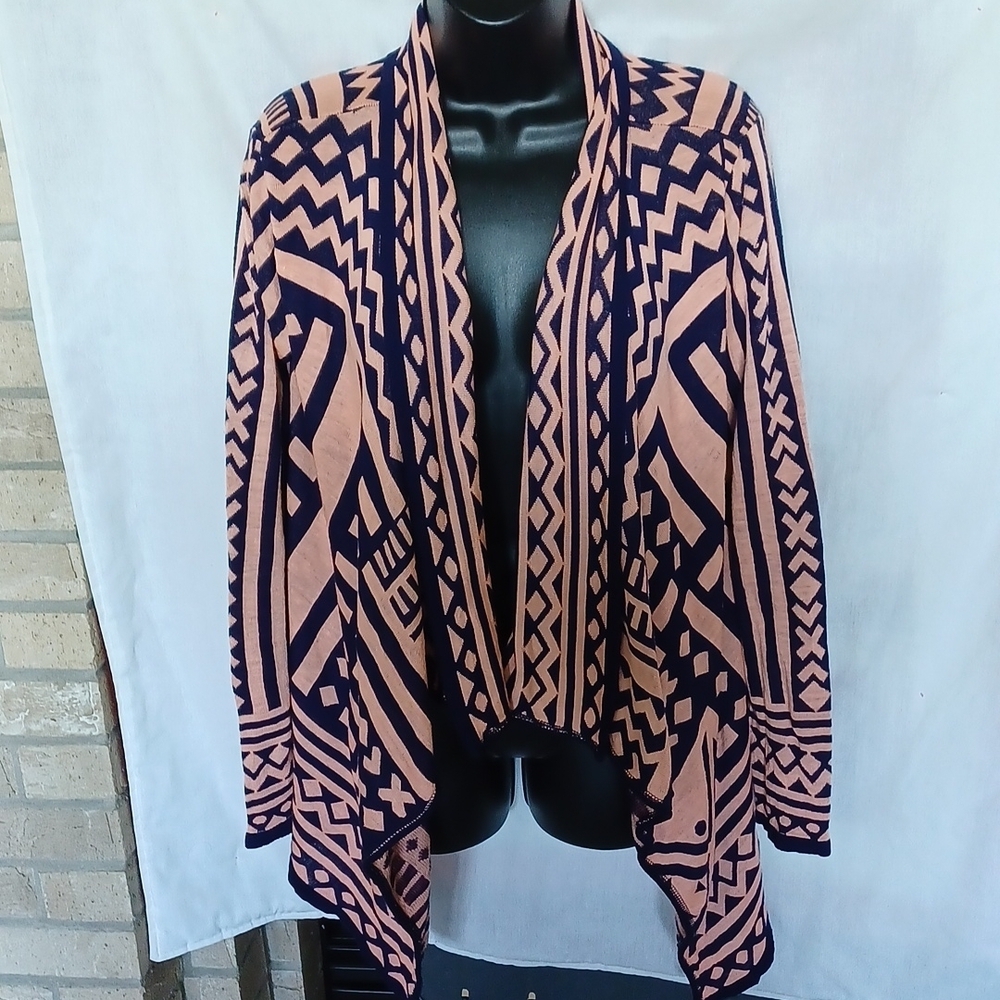 Dina Be Cascading Open Front Cardigan, Peach & navy